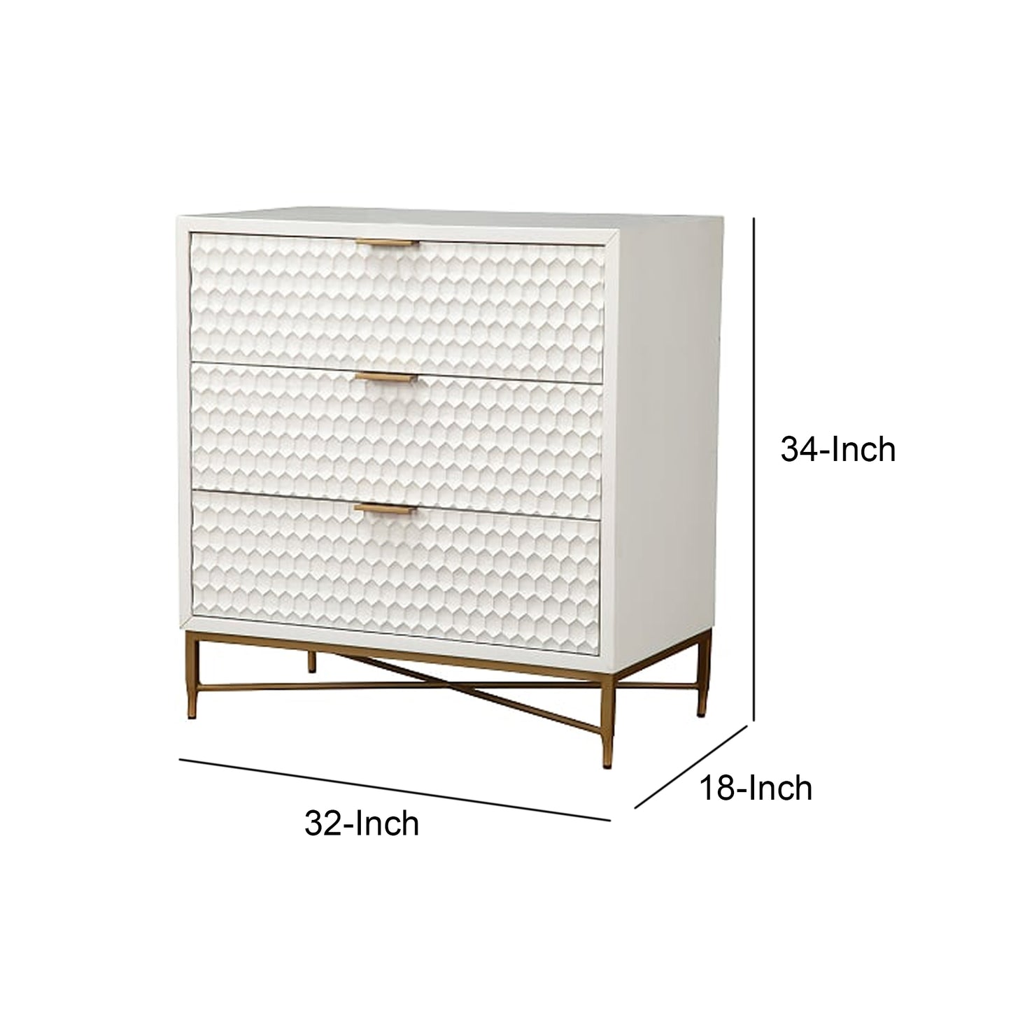 Honeycomb Design 3 Drawer Chest With Metal Legs, Small, White By Benzara | Drawers |  Modishstore  - 5