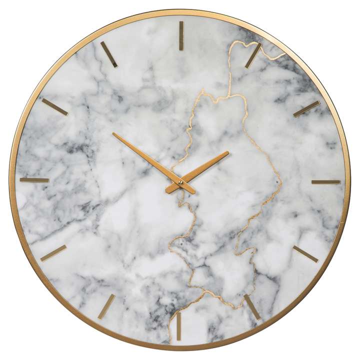 Round Metal Wall Clock With Faux Marble Background, Gold And White By Benzara | Clocks |  Modishstore 