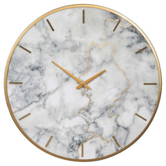 Round Metal Wall Clock With Faux Marble Background, Gold And White By Benzara