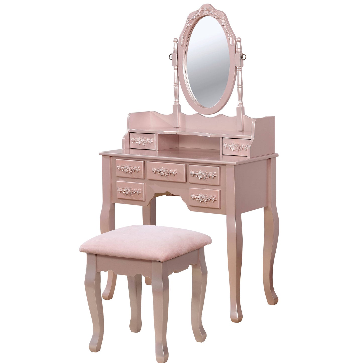 7 Drawers Wooden Frame Vanity Set With Stool And Cabriole Legs, Rose Gold By Benzara | Bedroom Sets |  Modishstore 