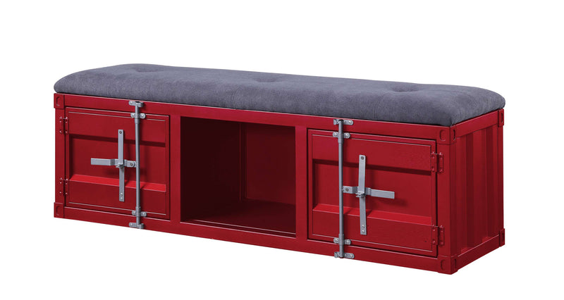 2 Metal Door Storage Bench With Open Compartment And Fabric Upholstery, Red By Benzara | Benches |  Modishstore 