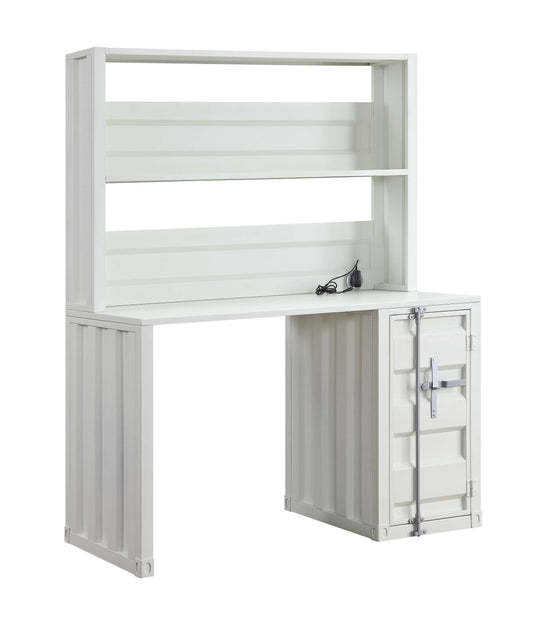 Metal Base Desk And Hutch With Slated Pattern And Storage Compartment, White By Benzara | Desks |  Modishstore 