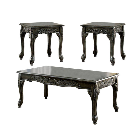 3 Piece Table Set With Cabriole Legs And Wooden Floral Motifs, Gray By Benzara | Coffee Tables |  Modishstore 