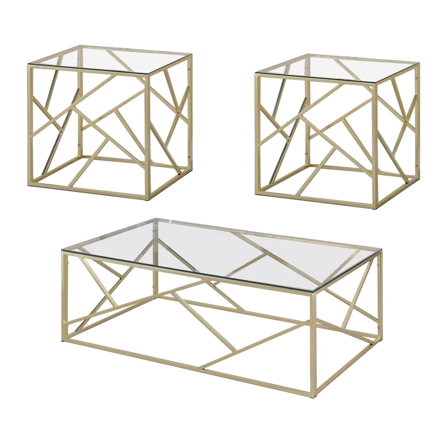 Industrial 3 Piece Table Set With Open Geometric Base, Clear And Gold By Benzara | Coffee Tables |  Modishstore 