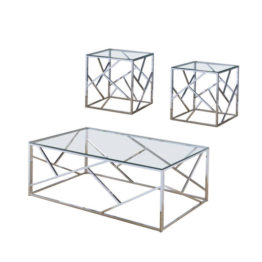 Industrial 3 Piece Table Set With Open Geometric Base, Clear And Silver By Benzara | Coffee Tables |  Modishstore 