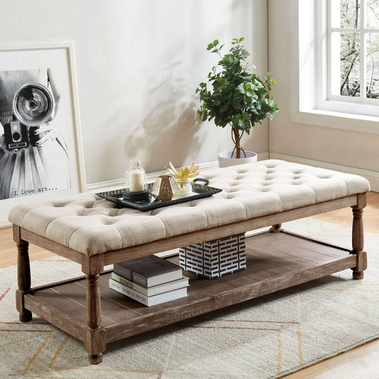 Button Tufted Fabric Upholstered Bench With Bottom Shelf, Beige And Brown By Benzara | Benches |  Modishstore 