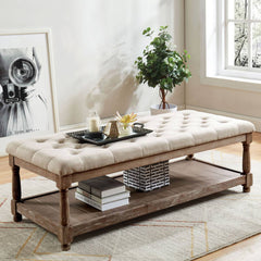 Button Tufted Fabric Upholstered Bench With Bottom Shelf, Beige And Brown By Benzara