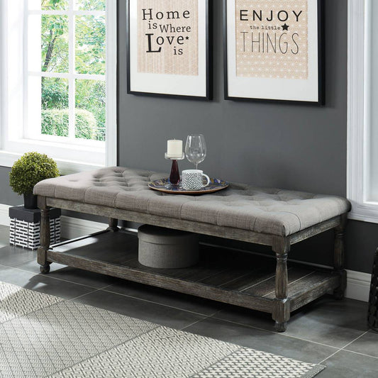 Fabric Upholstered Bench With Button Tufted Seat And Bottom Shelf, Gray By Benzara | Benches |  Modishstore 