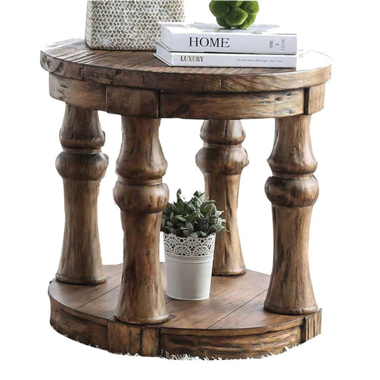 Transitional Round End Table With Open Shelf And Turned Legs,Antique Oak By Benzara | End Tables |  Modishstore 