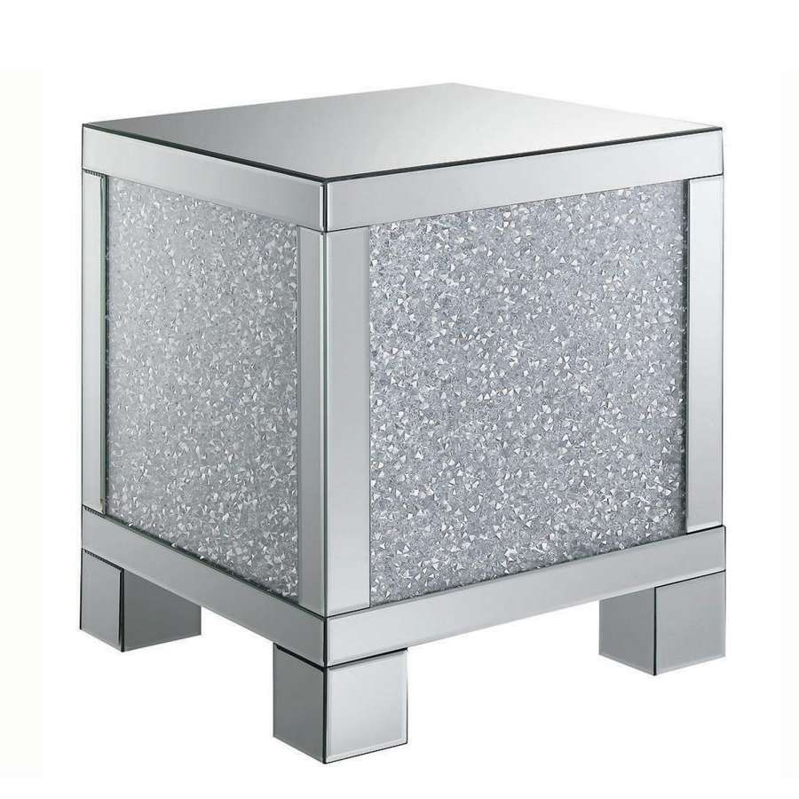 Wooden End Table With Infused Crystals On Mirrored Panel, Silver And Clear By Benzara | Side Tables |  Modishstore  - 2