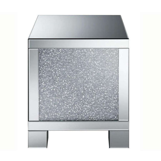 Wooden End Table With Infused Crystals On Mirrored Panel, Silver And Clear By Benzara | Side Tables |  Modishstore 
