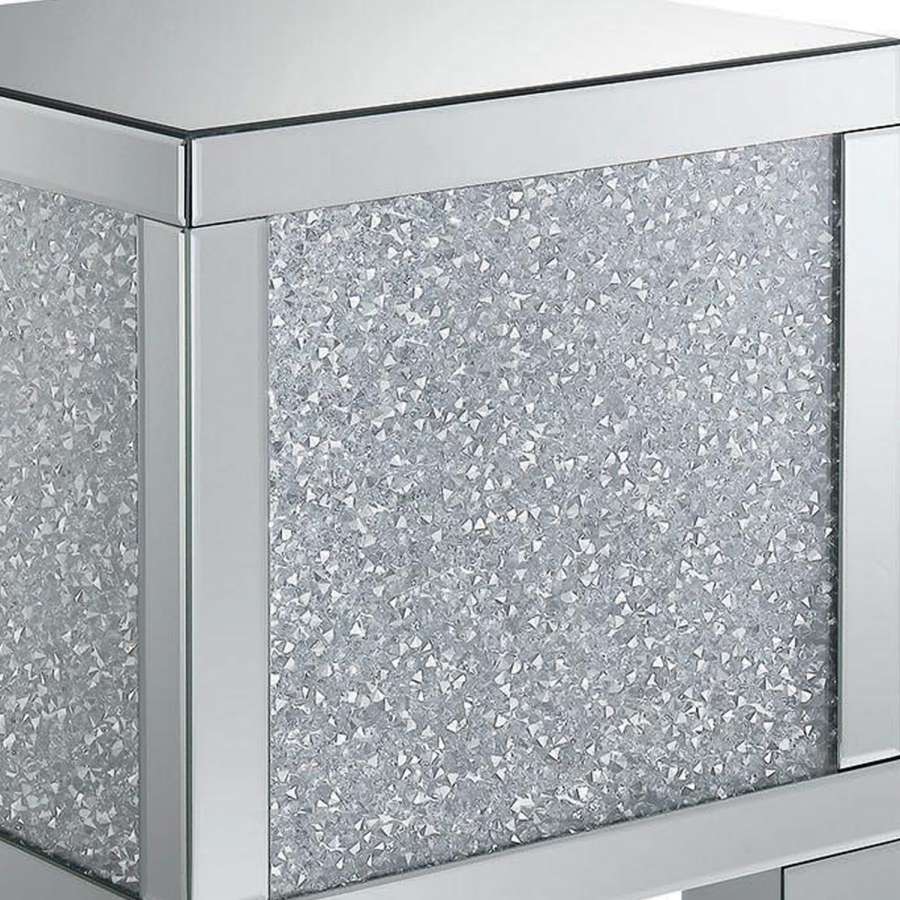 Wooden End Table With Infused Crystals On Mirrored Panel, Silver And Clear By Benzara | Side Tables |  Modishstore  - 5