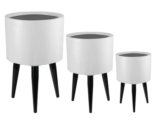 Round Fiberstone Planter With Tripod Tapered Legs, Set Of 3, White And Black By Benzara | Planters, Troughs & Cachepots |  Modishstore 