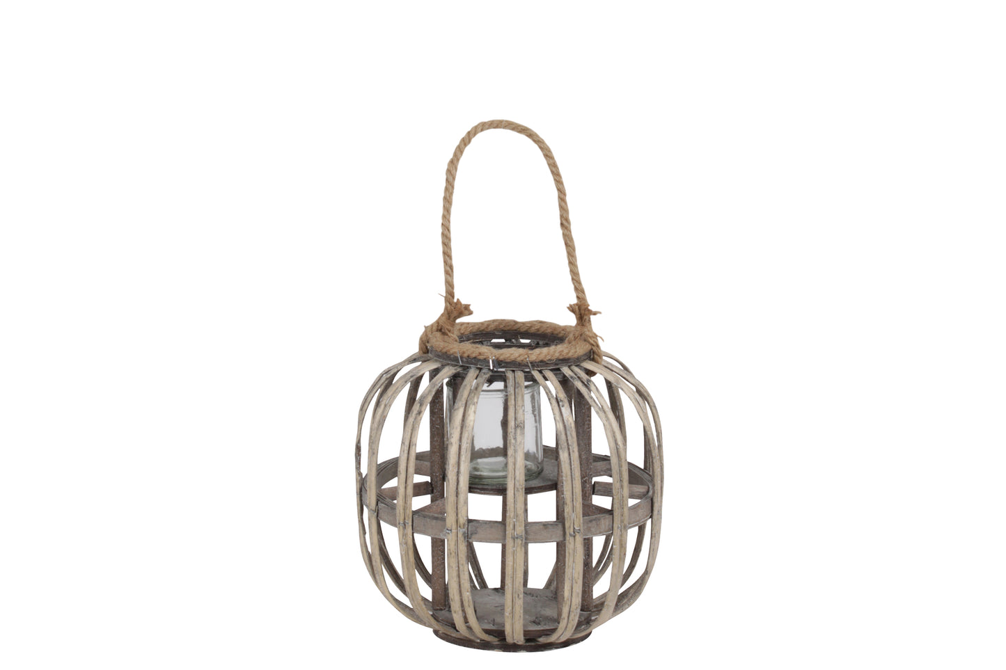 Lattice Design Round Lantern With Glass Hurricane Candle Holder,Small,Brown By Benzara | Lanterns | Modishstore