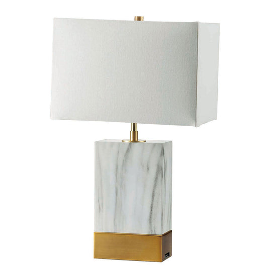 Table Lamp With Rectangular Shade And Pillar Marble Base, White And Gold By Benzara | Desk Lamps | Modishstore