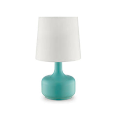 Metal Pot Belly Base Table Lamp With 3 Way Touch Light, White And Sky Blue By Benzara