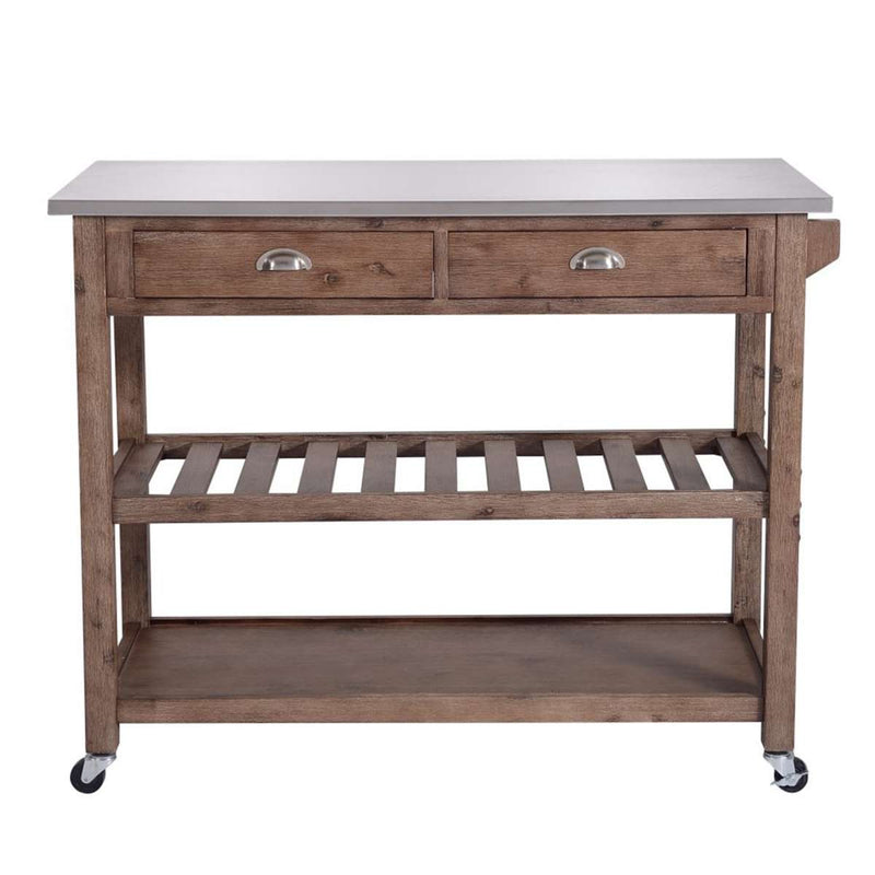 2 Drawers Wooden Kitchen Cart With Metal Top And Casters, Gray And Brown By Benzara | Bar Carts |  Modishstore 