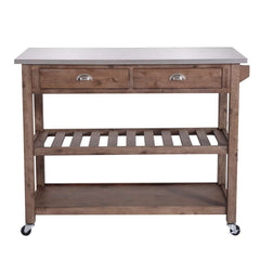 2 Drawers Wooden Kitchen Cart With Metal Top And Casters, Gray And Brown By Benzara
