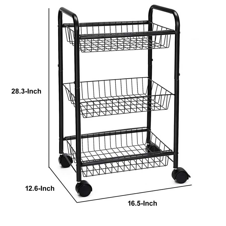 3 Tier Metal Frame Kitchen Cart With Casters And Grid Details, Black By Benzara | Bar Carts |  Modishstore  - 5