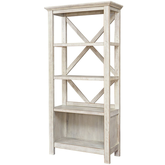X Shape Back Bookcase With 3 Open Shelves And 1 Open Compartment, White By Benzara | Bookcases | Modishstore