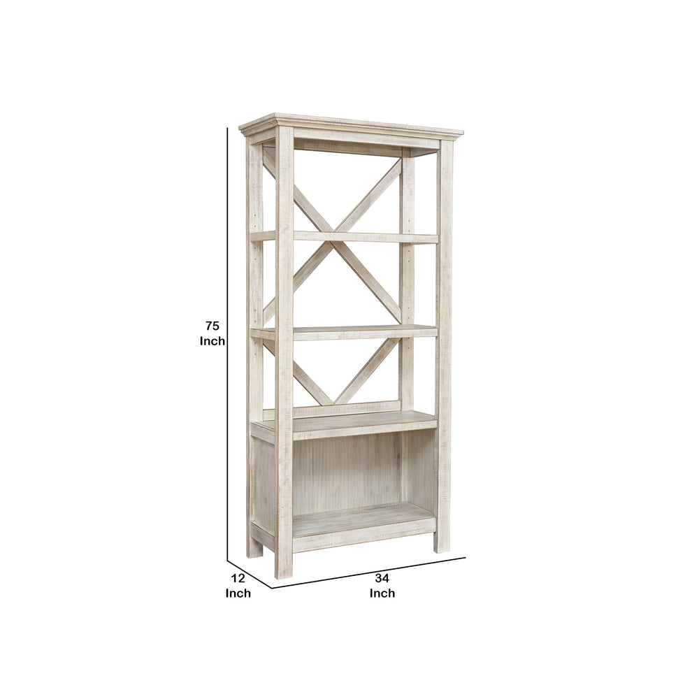 X Shape Back Bookcase With 3 Open Shelves And 1 Open Compartment, White By Benzara | Bookcases | Modishstore - 2