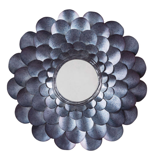 Round Metal Accent Mirror With Blooming Flower Shape, Blue And Silver By Benzara | Mirrors |  Modishstore 