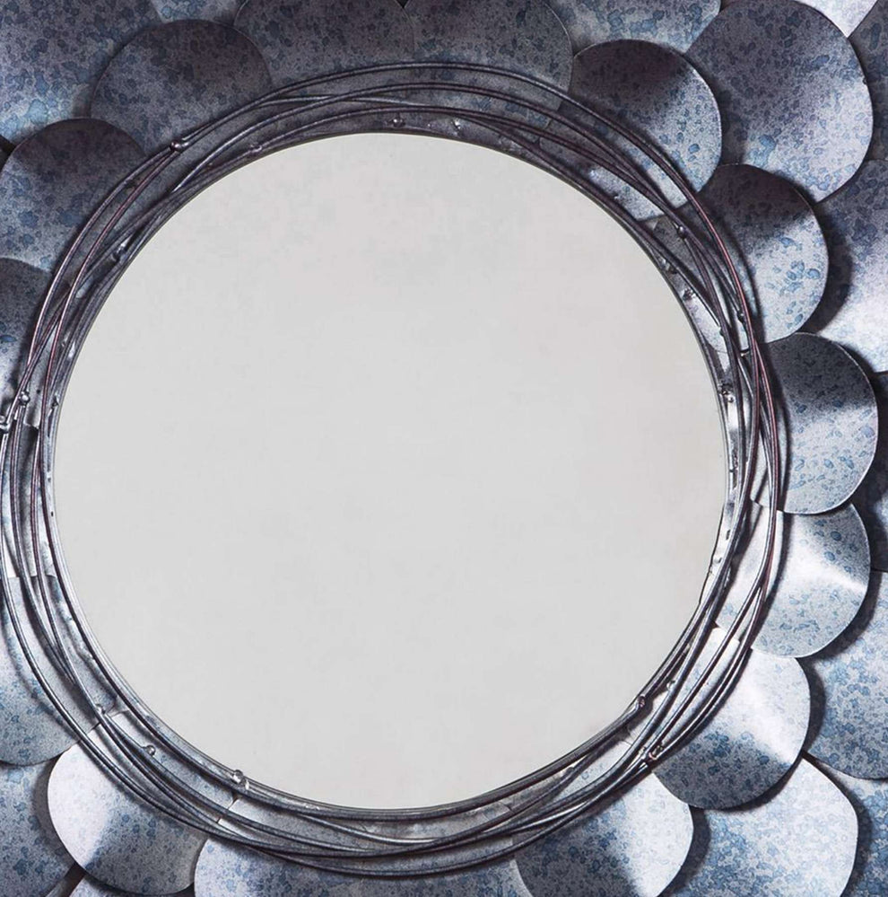 Round Metal Accent Mirror With Blooming Flower Shape, Blue And Silver By Benzara | Mirrors |  Modishstore  - 5