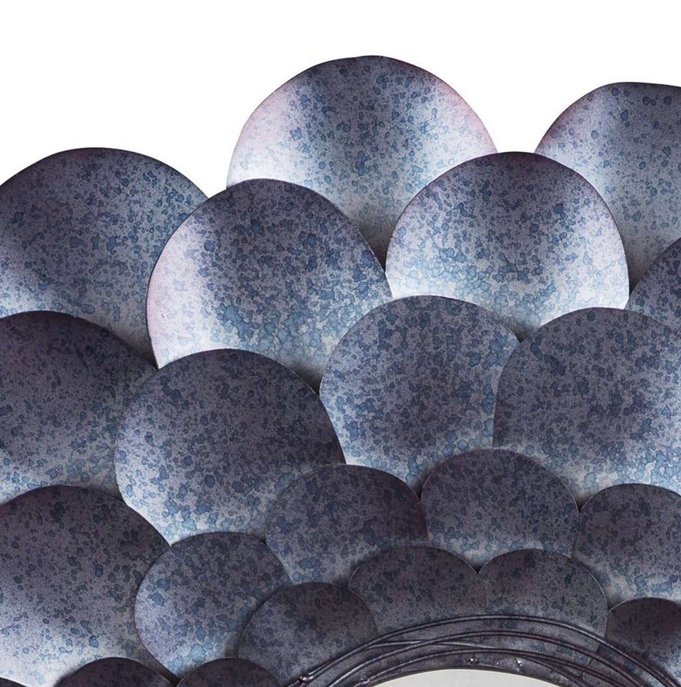 Round Metal Accent Mirror With Blooming Flower Shape, Blue And Silver By Benzara | Mirrors |  Modishstore  - 4