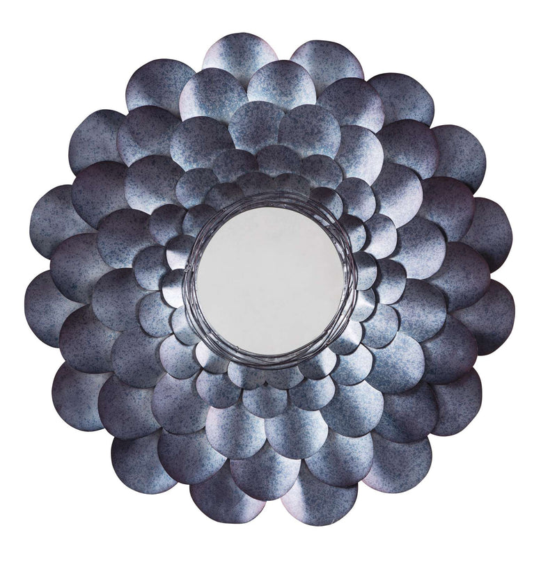 Round Metal Accent Mirror With Blooming Flower Shape, Blue And Silver By Benzara | Mirrors |  Modishstore 
