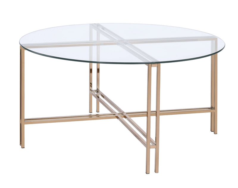 Coffee Table With X Shaped Metal Base And Round Glass Top, Gold By Benzara | Coffee Tables |  Modishstore 