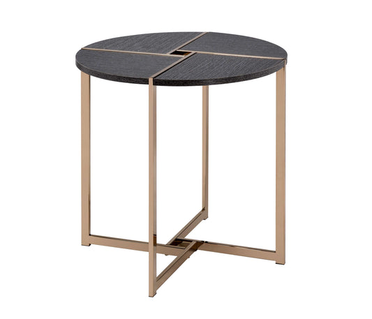End Table With X Shaped Metal Base And Round Wooden Top, Gold And Gray By Benzara | Side Tables |  Modishstore 