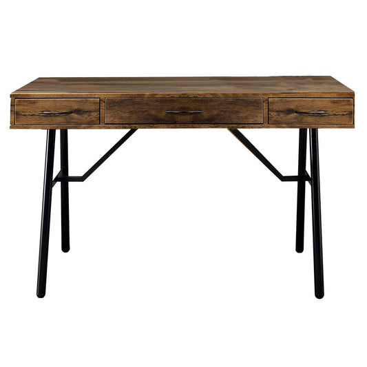 Wooden Desk With 3 Drawers And Angled Tubular Legs, Black And Brown By Benzara | Desks |  Modishstore 