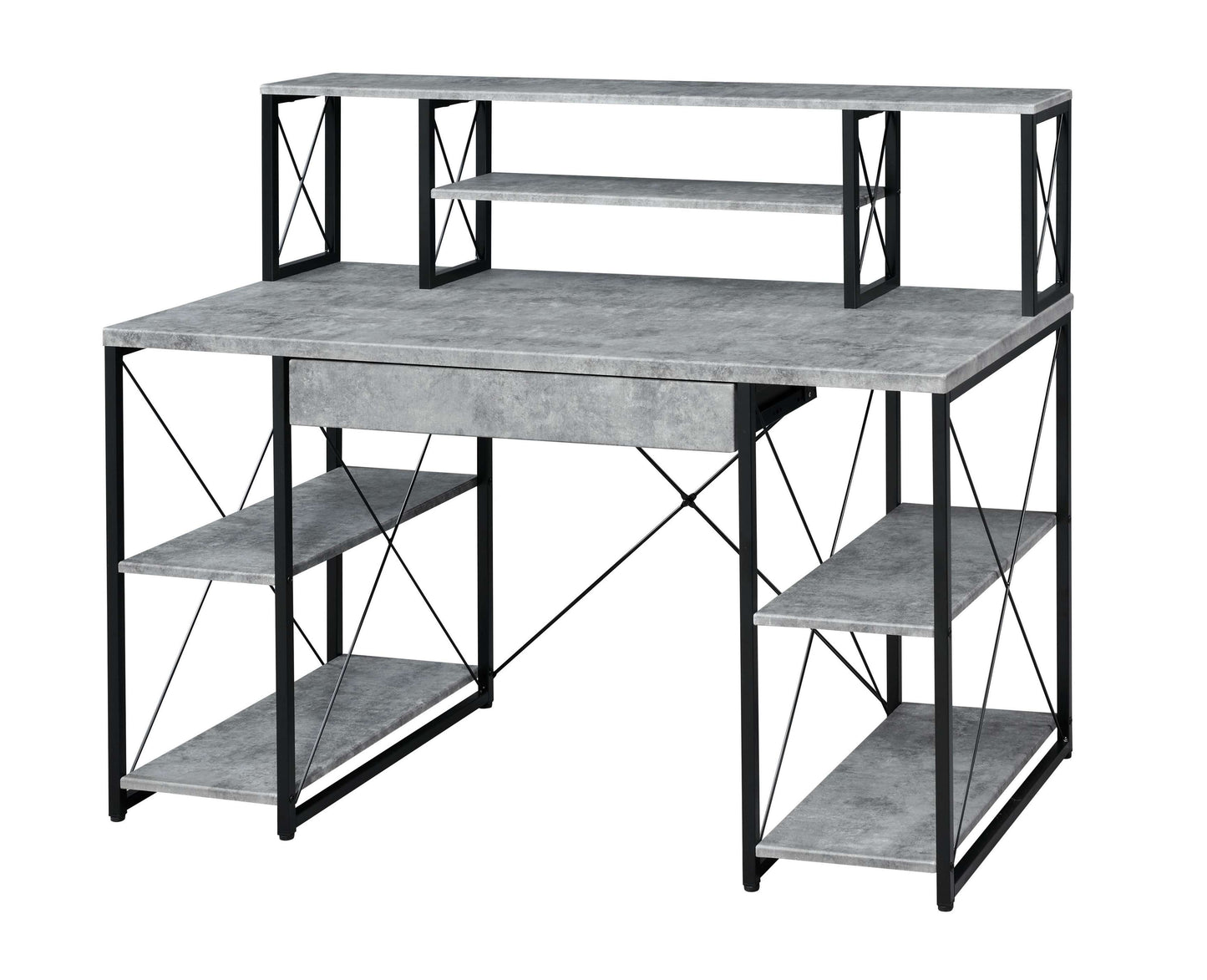Metal Desk With 4 Open Bottom Shelves And Bookcase Hutch, Gray And Black By Benzara | Desks |  Modishstore  - 5