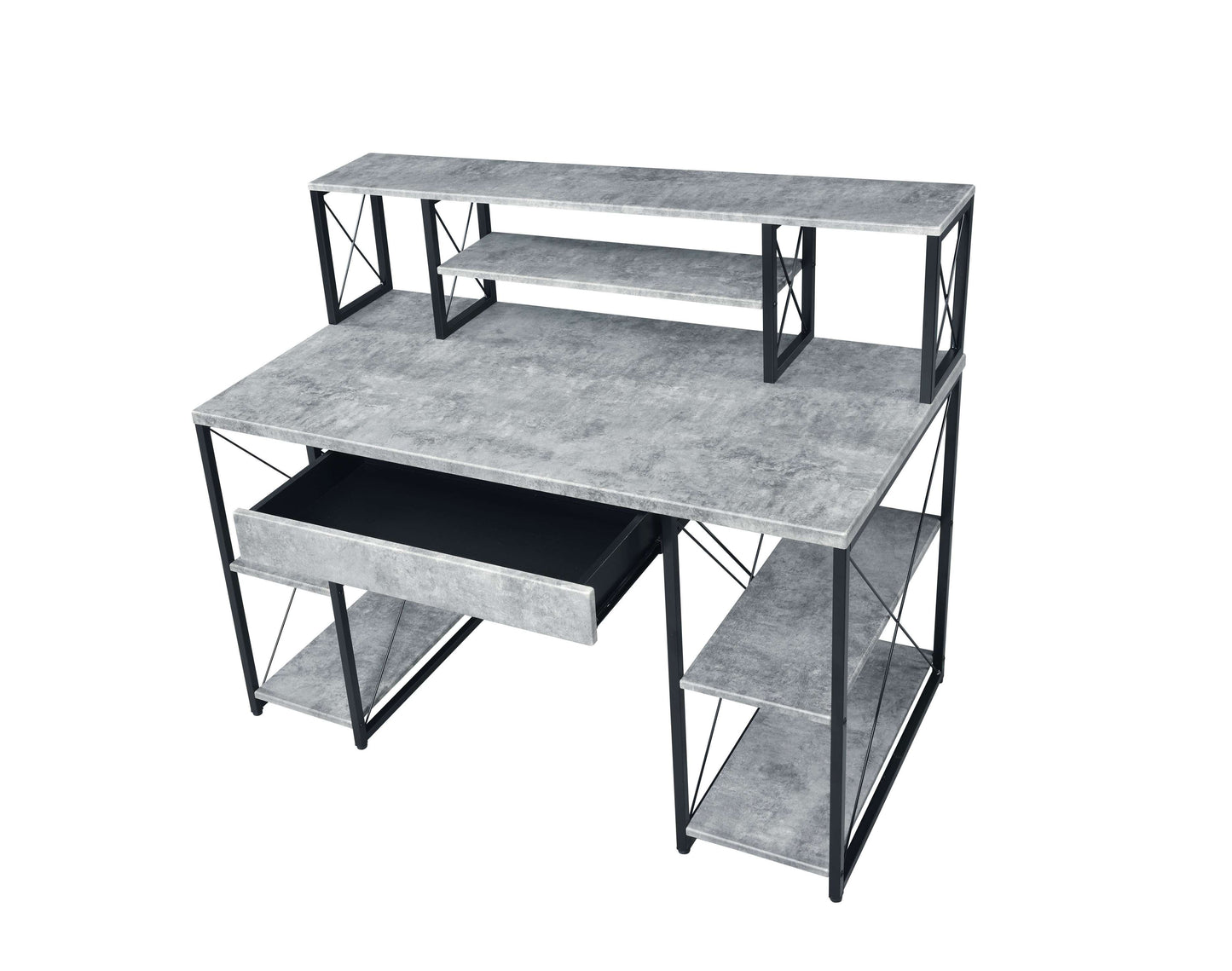 Metal Desk With 4 Open Bottom Shelves And Bookcase Hutch, Gray And Black By Benzara | Desks |  Modishstore  - 4