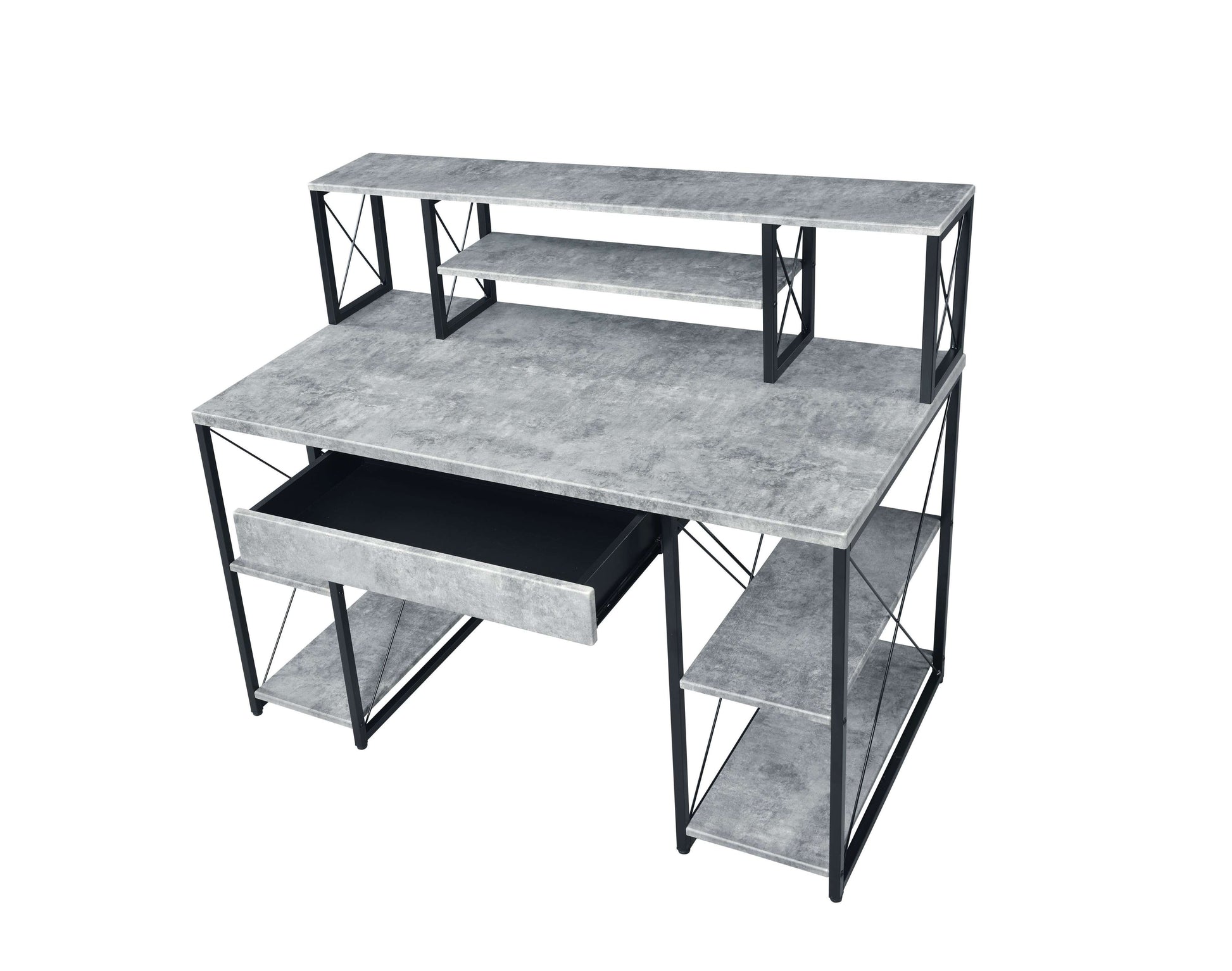 Metal Desk With 4 Open Bottom Shelves And Bookcase Hutch, Gray And Black By Benzara | Desks |  Modishstore  - 4