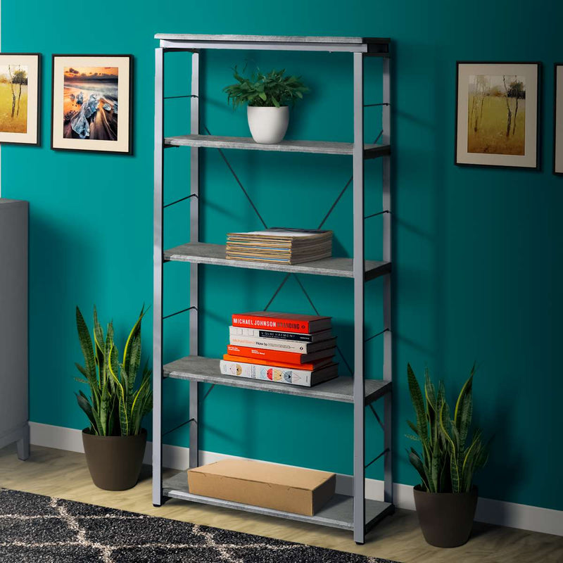 Industrial Bookshelf With 4 Shelves And Open Metal Frame, Silver And Gray By Benzara | Bookcases |  Modishstore 