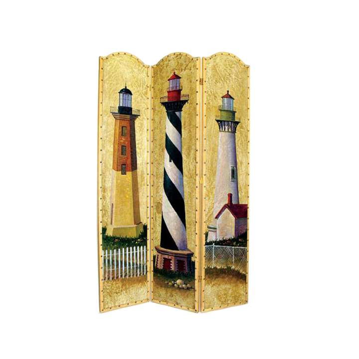 Hand Painted 3 Panel Wooden Room Divider With Lighthouses Print, Multicolor By Benzara | Room Divider |  Modishstore 