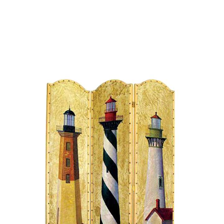 Hand Painted 3 Panel Wooden Room Divider With Lighthouses Print, Multicolor By Benzara | Room Divider |  Modishstore  - 5