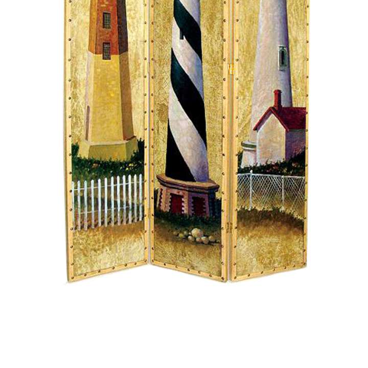 Hand Painted 3 Panel Wooden Room Divider With Lighthouses Print, Multicolor By Benzara | Room Divider |  Modishstore  - 3