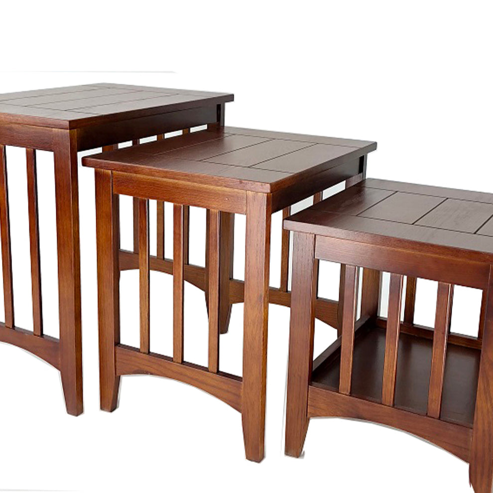 3 Piece Nesting Table With Plank Tabletop And Slatted Sides, Oak Brown By Benzara | Accent Tables | Modishstore - 3