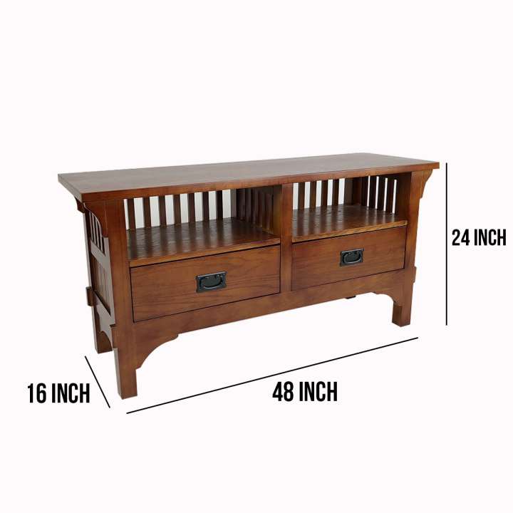 Wooden Tv Stand With 2 Open Shelves And Slatted Back, Oak Brown By Benzara | TV Stands |  Modishstore  - 2