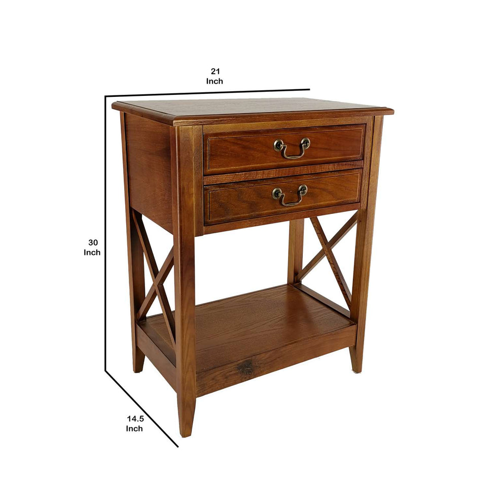 Wooden Nightstand With 2 Drawers And Criss Cross Sides, Brown By Benzara | Nightstands |  Modishstore  - 2