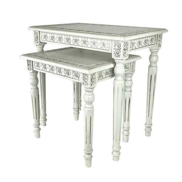 Elegantly Engraved Wooden Frame Nesting Table, Set Of 2, Antique White By Benzara | Nesting Tables |  Modishstore 