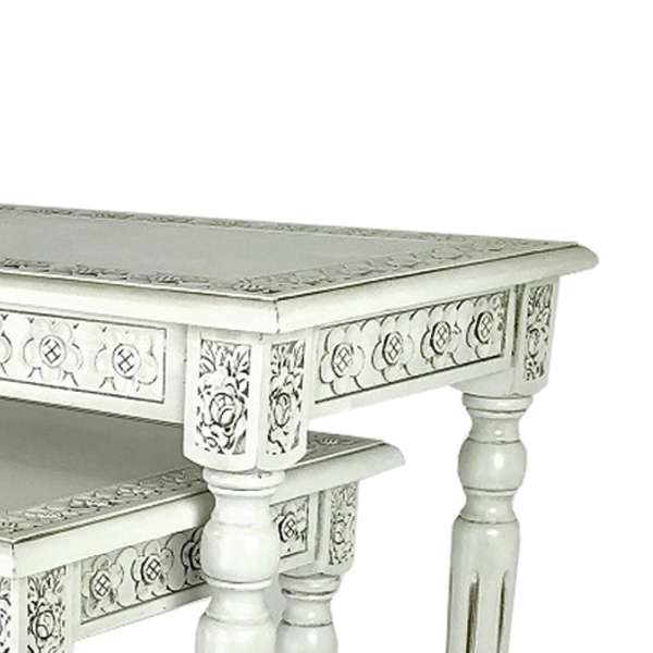 Elegantly Engraved Wooden Frame Nesting Table, Set Of 2, Antique White By Benzara | Nesting Tables |  Modishstore  - 5