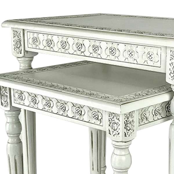 Elegantly Engraved Wooden Frame Nesting Table, Set Of 2, Antique White By Benzara | Nesting Tables |  Modishstore  - 4