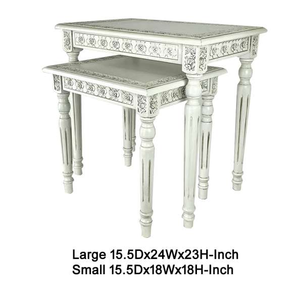 Elegantly Engraved Wooden Frame Nesting Table, Set Of 2, Antique White By Benzara | Nesting Tables |  Modishstore  - 2