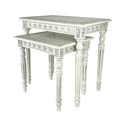 Elegantly Engraved Wooden Frame Nesting Table, Set Of 2, Antique White By Benzara