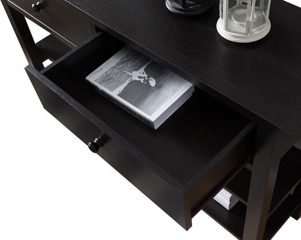 Two Drawer Console Table With Two Open Shelves And Block Legs, Dark Brown By Benzara | Console Tables |  Modishstore  - 4