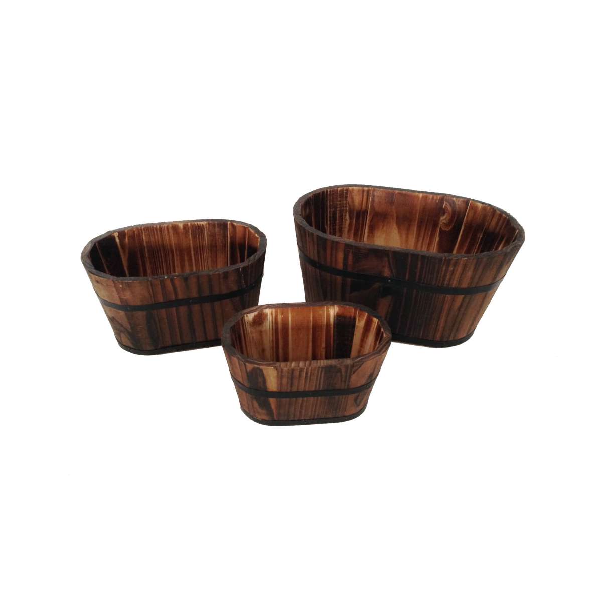 Traditional Oval Shaped Wooden Planters With Narrow Bottom, Set Of 3, Brown By Benzara | Planters, Troughs & Cachepots |  Modishstore 