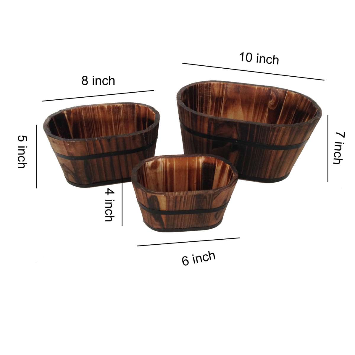 Traditional Oval Shaped Wooden Planters With Narrow Bottom, Set Of 3, Brown By Benzara | Planters, Troughs & Cachepots |  Modishstore  - 3